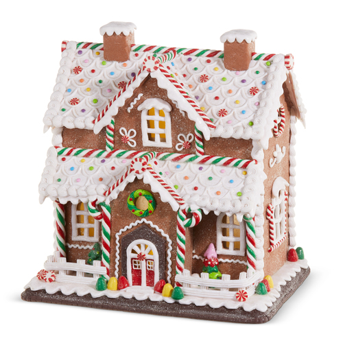 NEW!~RAZ Imports~5.5" CHRISTMAS GINGERBREAD LIGHTED HOUSE ORNAMENT~Candy Cane/BO 