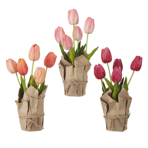 Peach Pink Yellow RAZ Imports 12 Multi Colored Spring Tulip Bouquet with Burlap Bow 12 Inches Tall