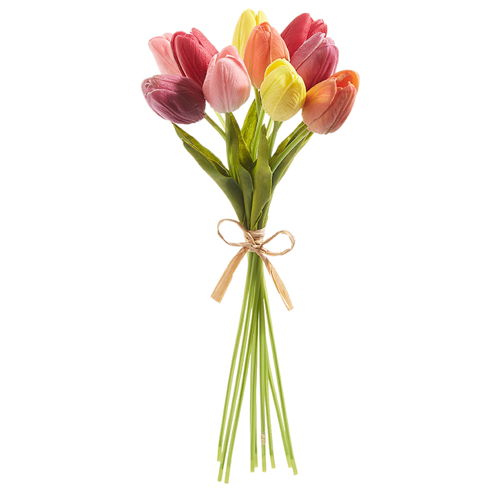 Peach Pink Yellow RAZ Imports 12 Multi Colored Spring Tulip Bouquet with Burlap Bow 12 Inches Tall